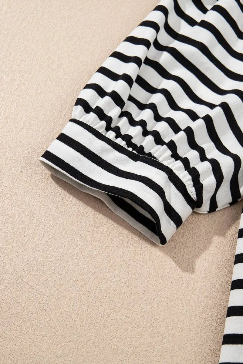 Black Stripe Contrast V Neck Collared Puff Sleeve T Shirt Mini Dress with Pockets - Love Salve